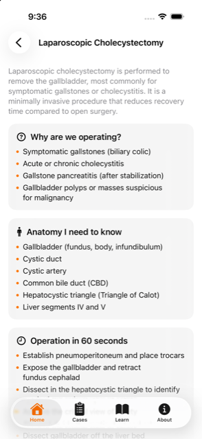 Scrub Prep's Learn screen showing a Laparoscopic Cholecystectomy reference page with indications, key anatomy, and operative steps