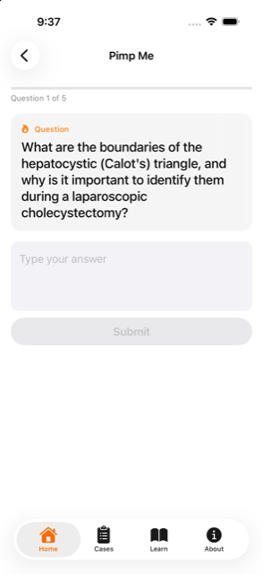 Scrub Prep's Pimp Me screen showing an interactive question about the hepatocystic triangle during a laparoscopic cholecystectomy